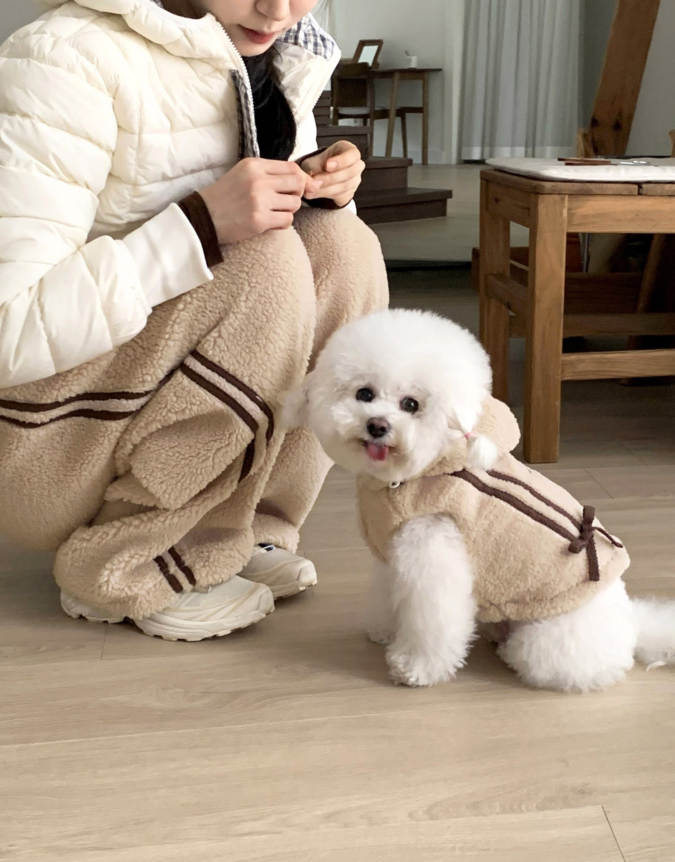Ribbon Boa Hoodie Jumper (Beige)